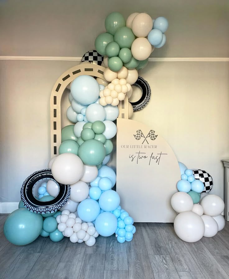 Customizable KT Board with Balloon Blue, Green and White Car-Themed Decor Setup - Perfect for special occasions