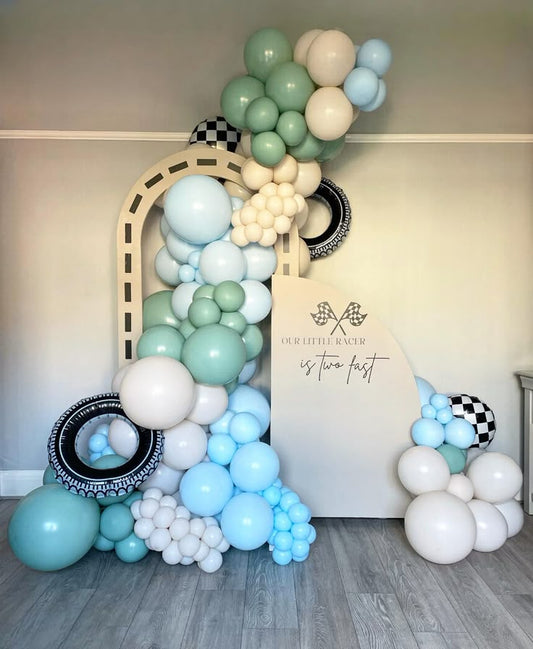 Customizable KT Board with Balloon Blue, Green and White Car-Themed Decor Setup - Perfect for special occasions