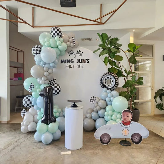Customizable KT Board and Balloon Blue, Green, Dust White Car-Themed Decor Setup with Number Balloon Stand- Perfect for special occasions