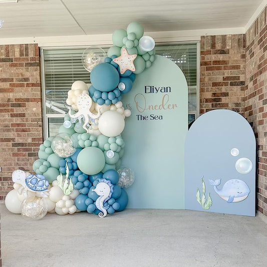 Customizable KT Board with Balloon White, Blue and Green Sea-Themed Decor Setup - Perfect for special occasions