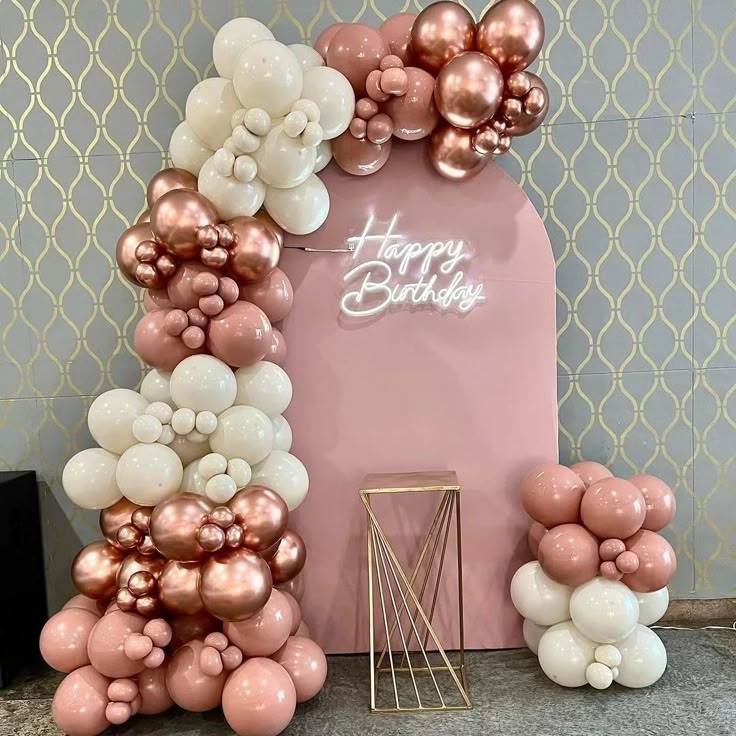 Customizable KT Board with Balloon Rose Gold, Pink and White Decor Setup with LED Acrylic Light - Perfect for special occasions