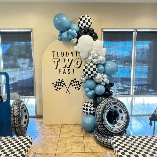 Customizable KT Board with Balloon Blue, White and Black Car-Themed Decor Setup - Perfect for special occasions