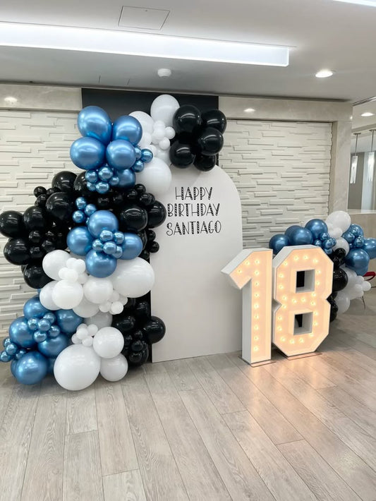 Customizable KT Board with Balloon Chrome Blue, Black and White Decor Setup with LED Marquee - Perfect for special occasions