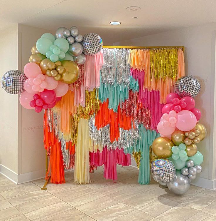 Silver, Gold, Pink and Orange Streamer Backdrop with Balloon Decor and Disco Ball Balloon Accents - Perfect for any celebration