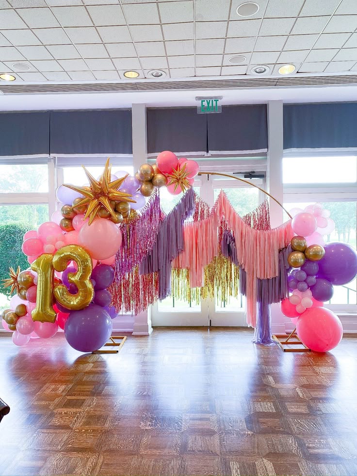 Purple, Pink and Gold Streamer Backdrop with Balloon Decor, Number Balloon and Gold Star Accents - Perfect for any celebration