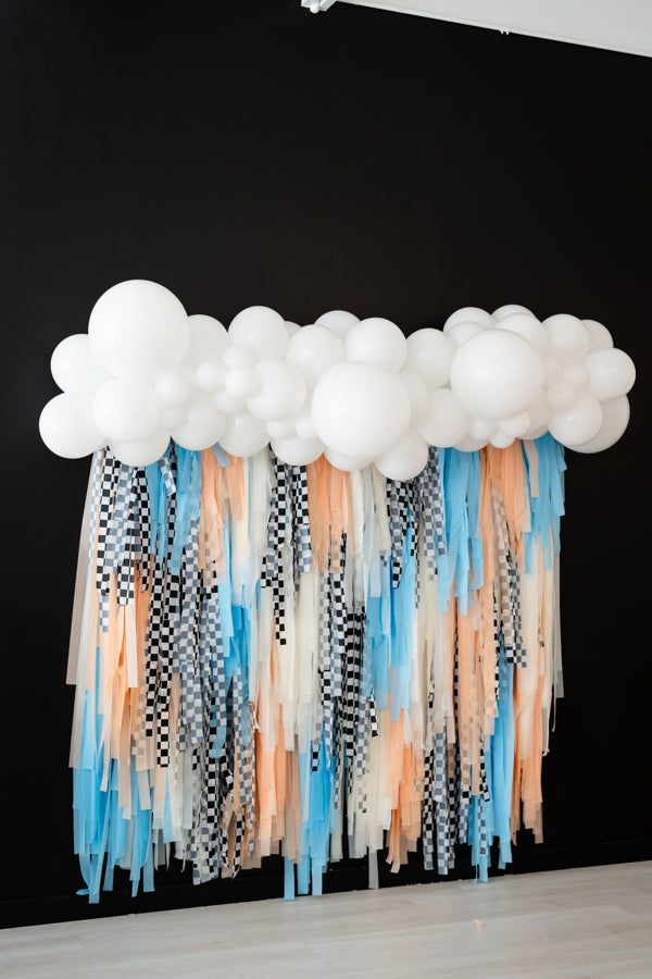Blue, Orange, Black and White Streamer Backdrop with Balloon White Decor - Perfect for any celebration