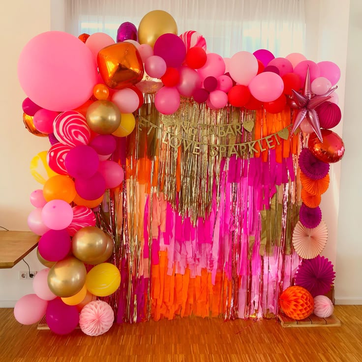 Gold, Pink and Orange Streamer Backdrop with Balloon Decor with Pink Star and Orbs Balloon Accents - Perfect for any celebration