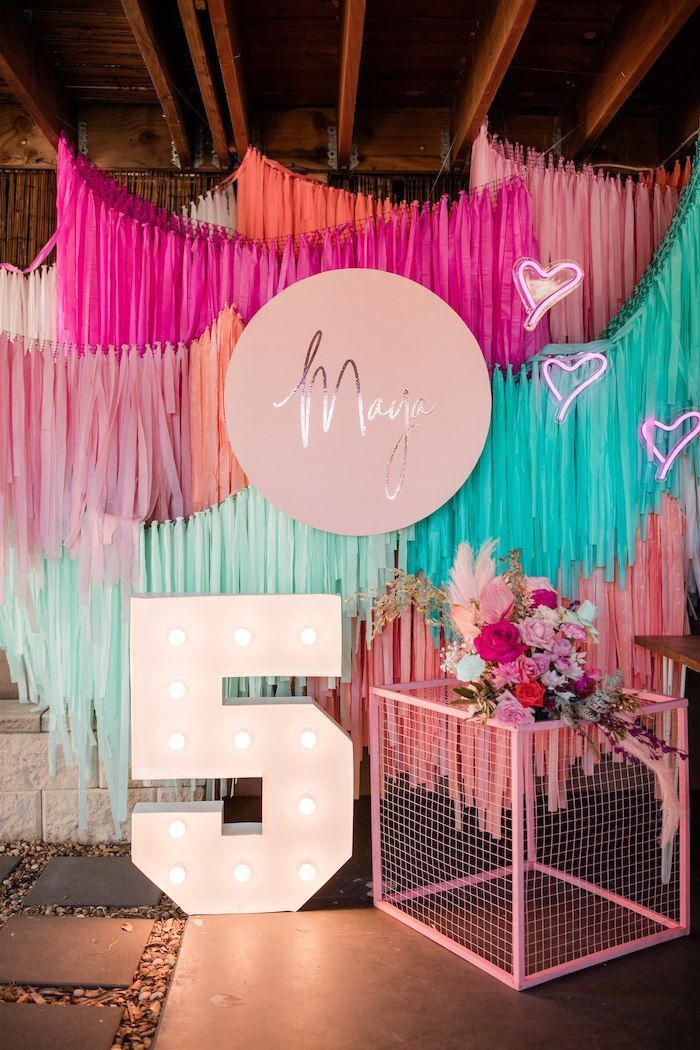 Blue, Pink, Orange and Green Streamer Backdrop Decor with LED Marquee and Customizable Circle KT Board - Perfect for any celebration