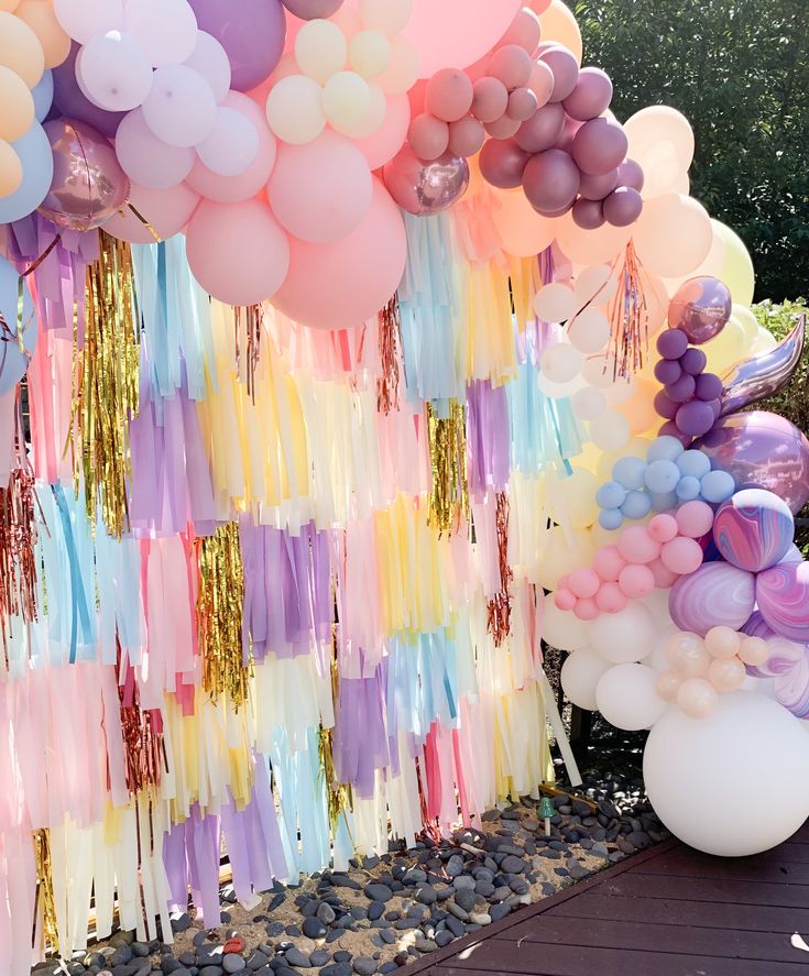 Yellow, Purple, Gold, Rose Gold and Blue Streamer Backdrop with Balloon Decor - Perfect for any celebration