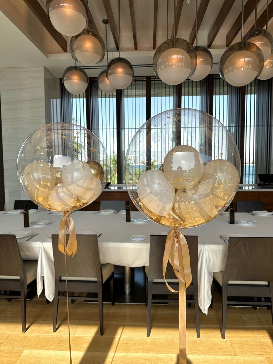 Helium 36-inch with Mini Latex Balloons White, Beige and Light Gold and Gold Confetti inside, Tassels and Ribbons - Perfect for any occasions