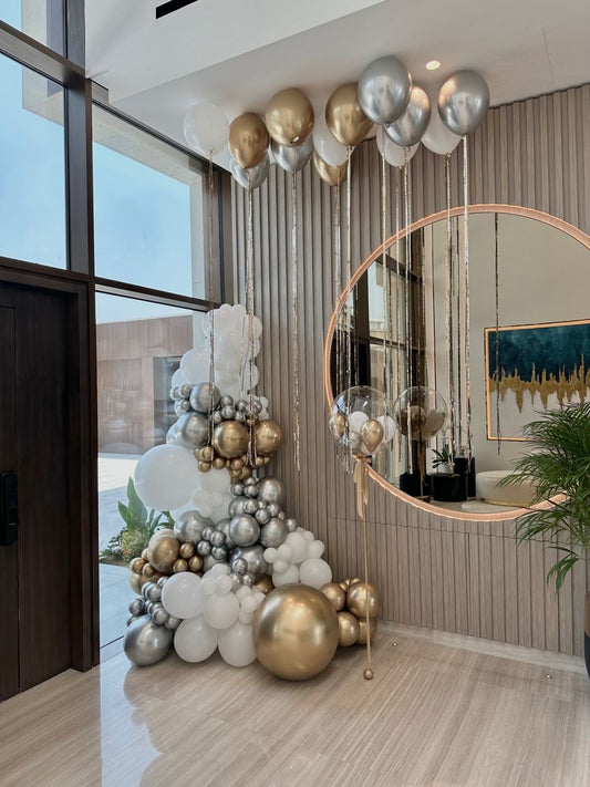 Customizable Organic Balloon Chain with Ceiling Balloons and 36-inch with Ribbons and Mini Latex White, Light Gold and Silver Decor Setup - Perfect for special occasions