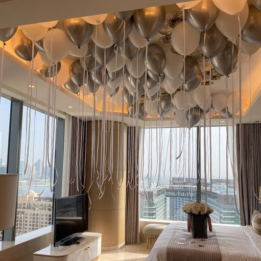 Ceiling Helium Silver&White Latex Balloon with White Ribbons - Perfect for any special occasions!