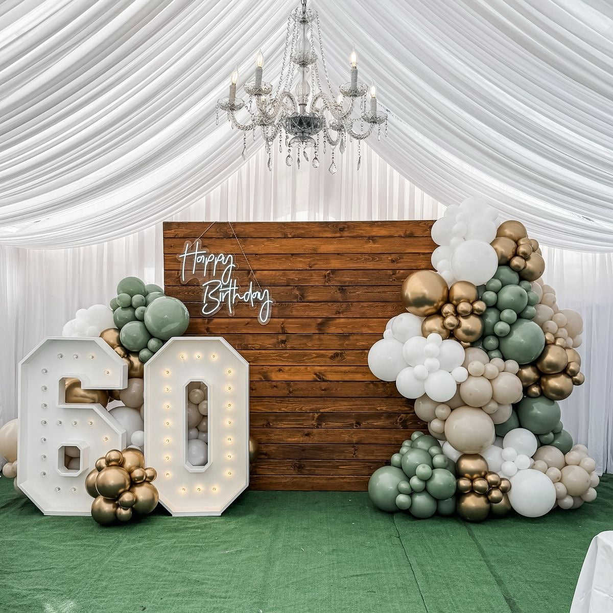 Customizable Organic Balloon Chain Olive Green, White, Dust White and Light Gold with LED Marquee ‘60’ Number and LED Acrylic ‘Happy Birthday’ Lights Decor Setup - Perfect for special occasions