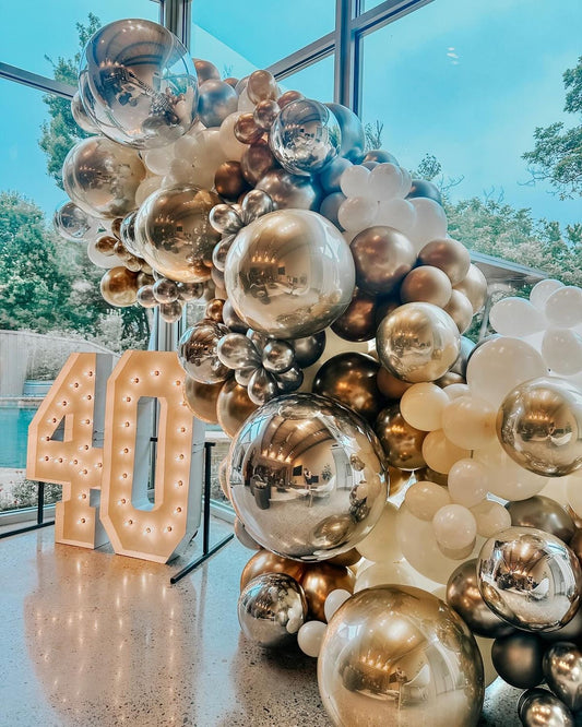 Customizable Organic Balloon Chain White, Light Gold and Silver with Orbs Accents and LED Marquee ‘40’ Number Decor Setup - Perfect for special occasions