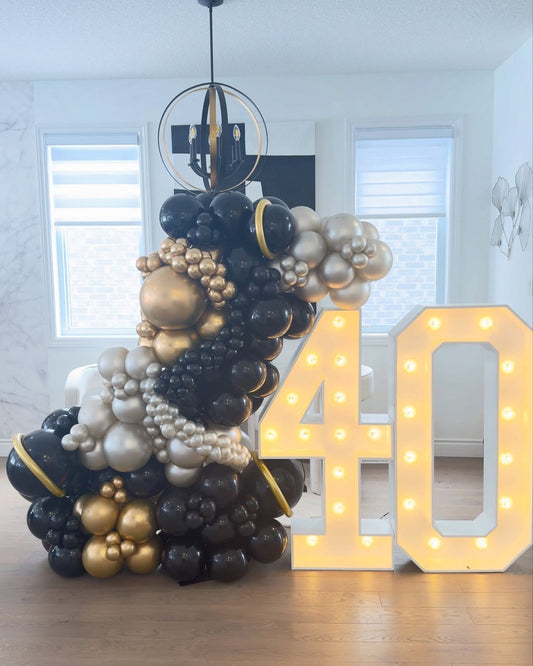 Customizable Organic Balloon Chain White, Light Gold and Silver with Orbs Accents and LED Marquee ‘40’ Number Decor Setup - Perfect for special occasions