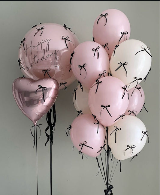 Personalised Helium Clear with Pink and Customizable Sticker, Latex Bunch Balloons Pink and Sand White, Heart-Shaped Foil and Ribbons Accents - Perfect for any Occasions