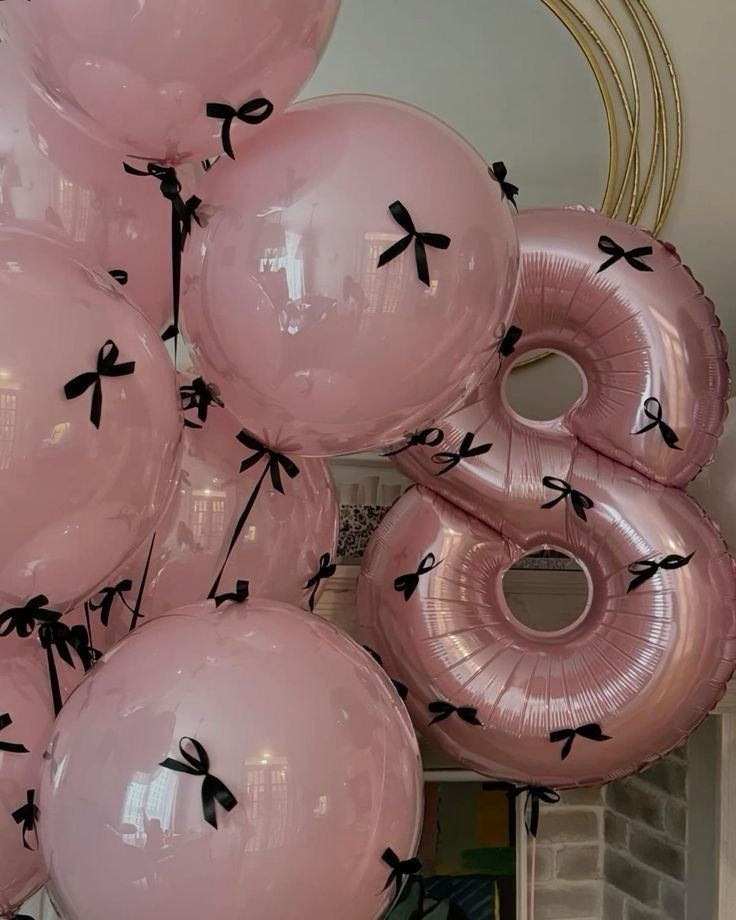 Helium Balloon Single Number Set of 7pcs Double Layered Pink and Number ‘8’ with Ribbons Accents - Perfect for any Occasions