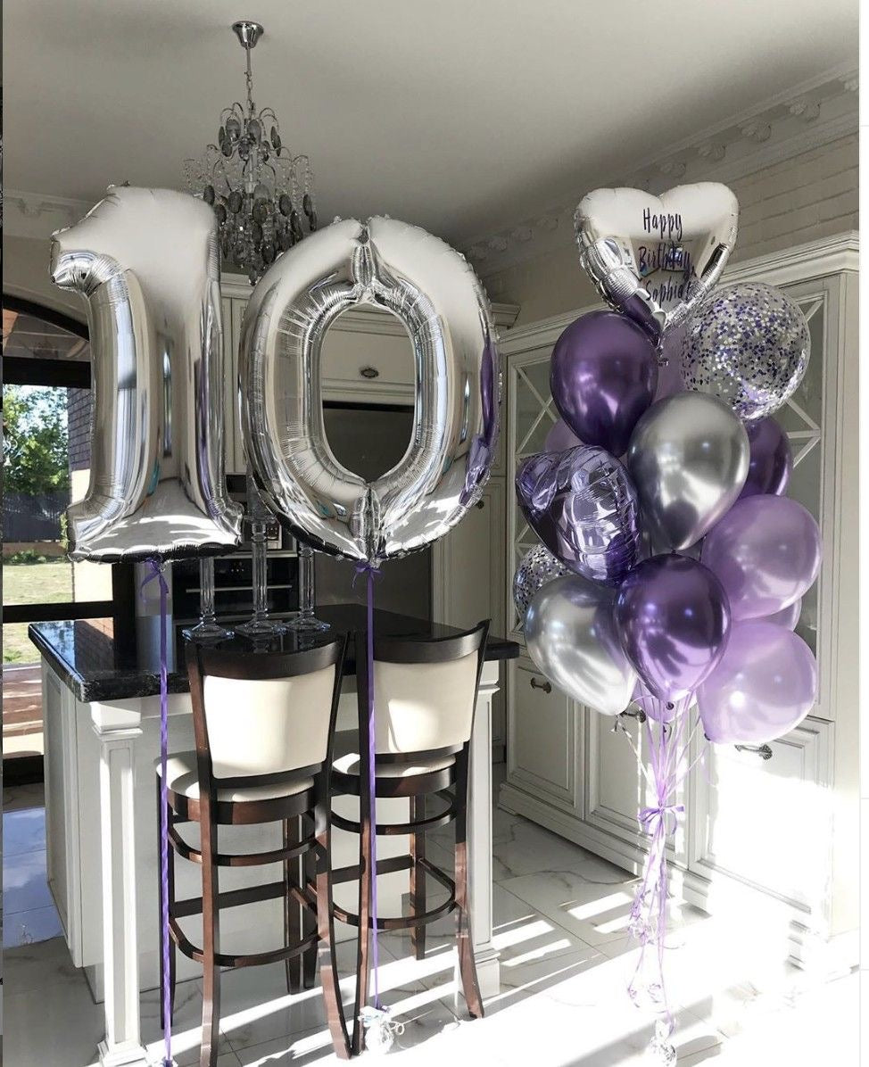 Helium Silver ‘20’ Two Number Set Balloon with Purple, Chrome Purple, Silver, Clear with Confetti, Heart-Shaped with Customizable Sticker Foil Balloons