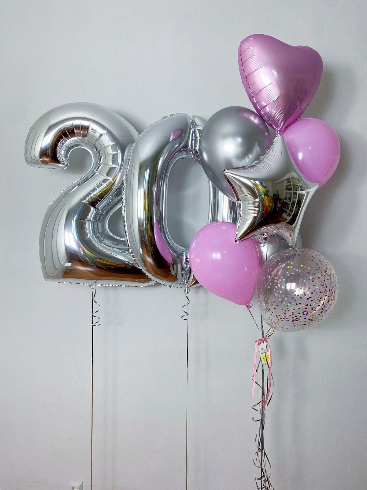 Helium Silver ‘20’ Two Number Set Balloon with Pink, Silver, Clear with Confetti, Heart-Shaped and Star-Shaped Foil Balloons