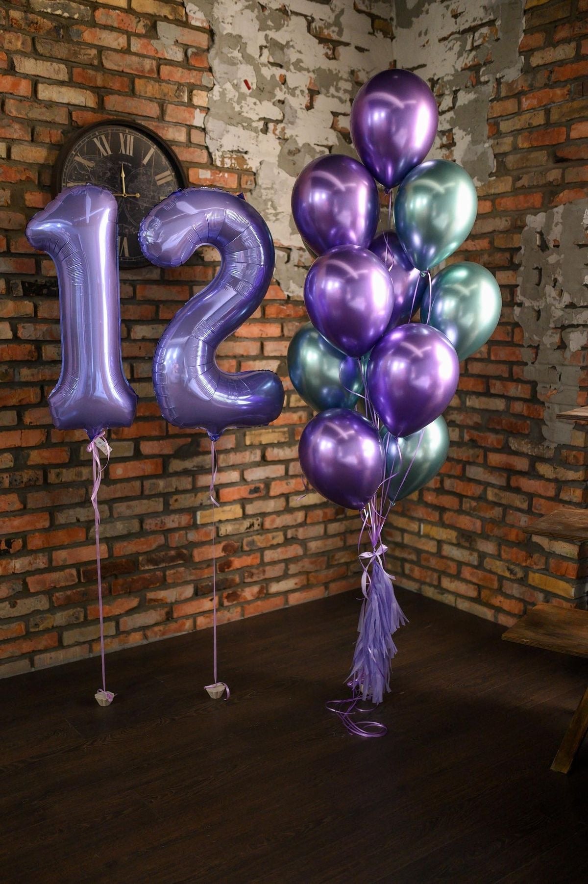 Helium Purple ‘12’ Two Number Set Balloon with Chrome Green and Chrome Purple with Tassels