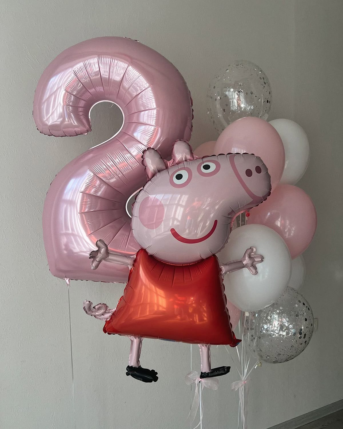 Helium Balloon Set of Double Layered White, Pink and Clear with Confetti with Number ‘2’ Balloon and Peppa Pig Foil and Strings - Perfect for any Occasions