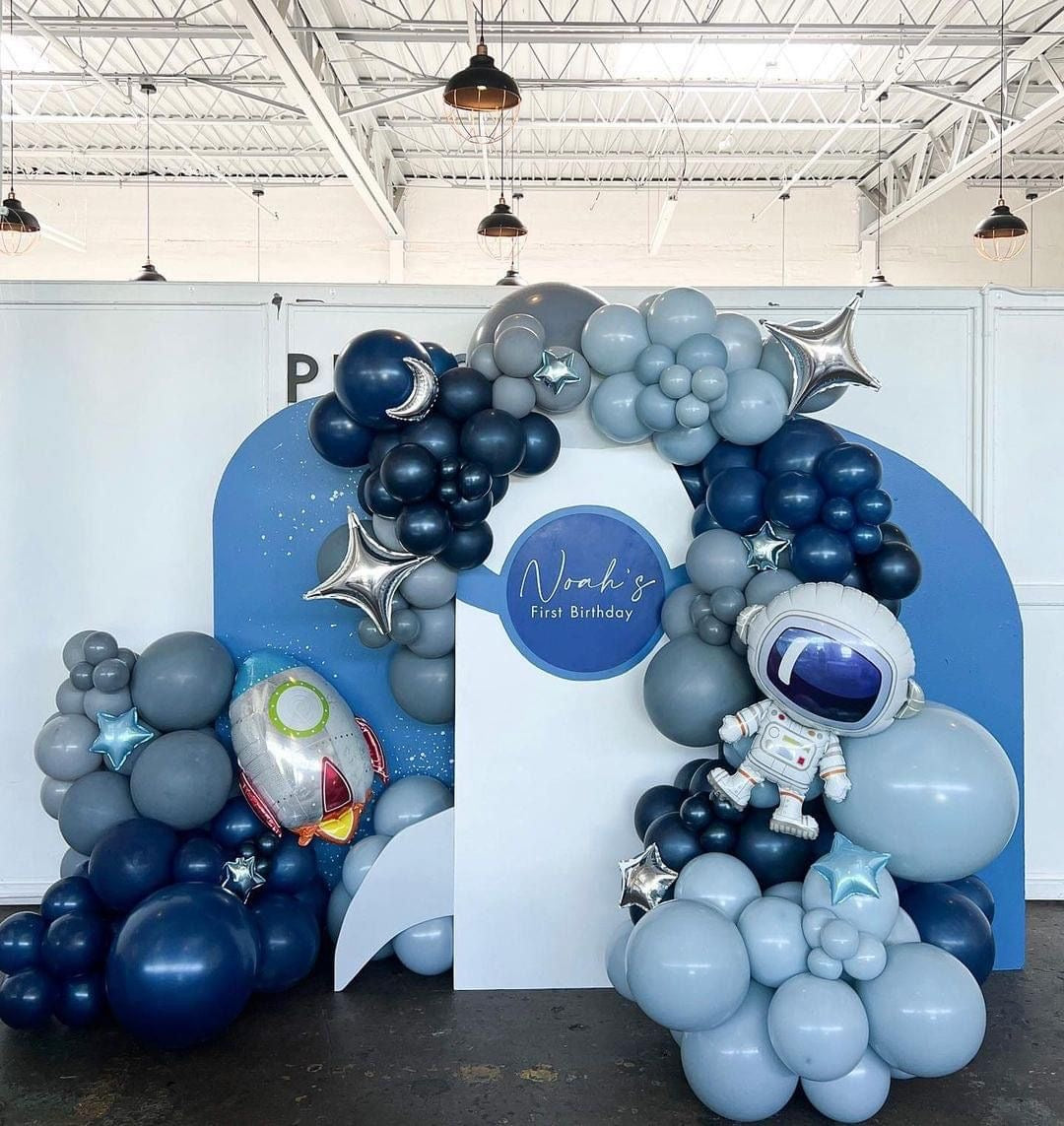 Full Set Customizable Board Backdrop with Balloon Blue with Silver Stars and Moon, Astronaut and Rocket Accents Setup - Galaxy-Themed Perfect for special occasions