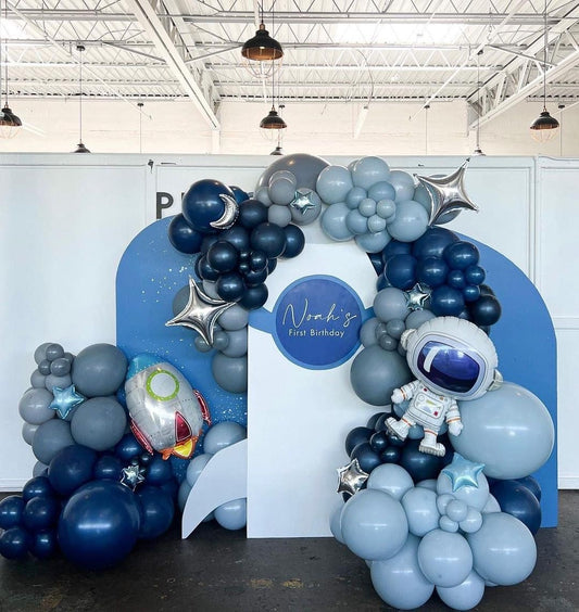 Full Set Customizable Board Backdrop with Balloon Blue with Silver Stars and Moon, Astronaut and Rocket Accents Setup - Galaxy-Themed Perfect for special occasions