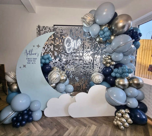 Full Set Customizable Board Backdrop Moon and Clouds with Silver Shimmer Wall with LED Acrylic ‘One’ Lights, Balloon Blue and Silver Setup - Galaxy-Themed Perfect for special occasions