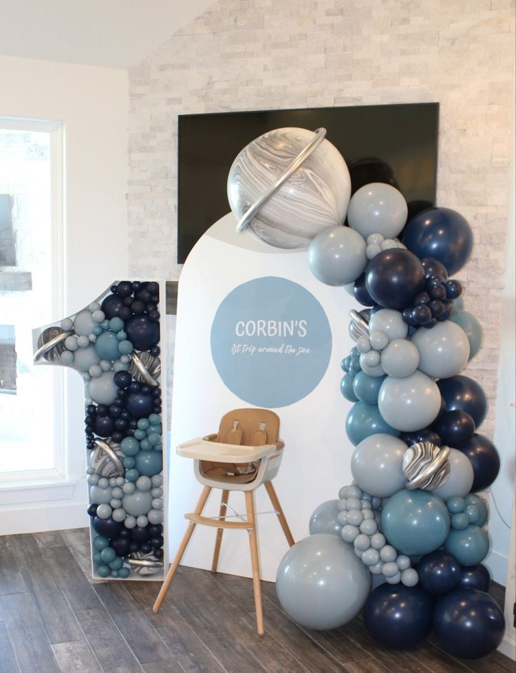 Full Set Customizable Board Backdrop with Balloons Blue and Silver with Number ‘1’ Standee Filled with Balloons Setup - Galaxy-Themed Perfect for special occasions