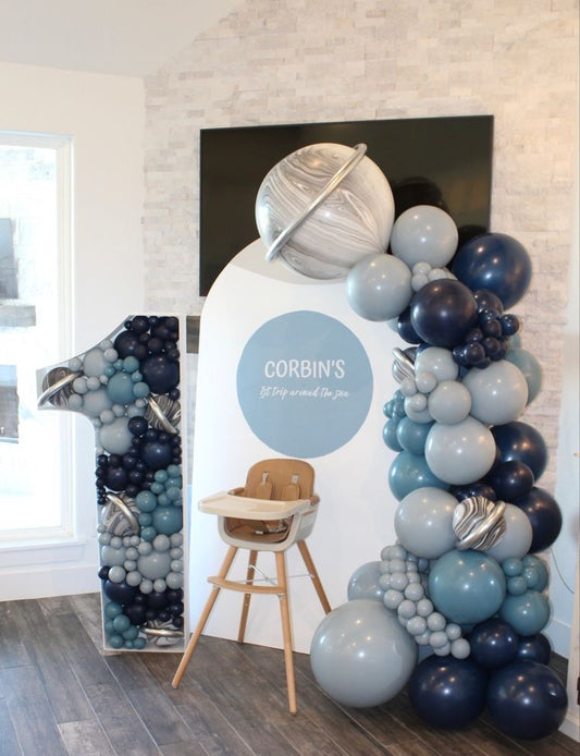 Full Set Customizable Board Backdrop with Balloons Blue and Silver with Number ‘1’ Standee Filled with Balloons Setup - Galaxy-Themed Perfect for special occasions