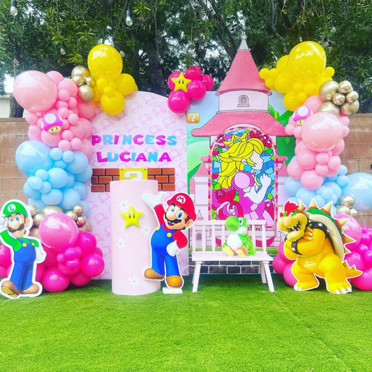 Customizable Backdrop with Balloons Pink, Blue, Yellow and Light Gold with Super Mario Characters Accents Foam Board Standee - Super Mario-Themed Perfect for special occasions