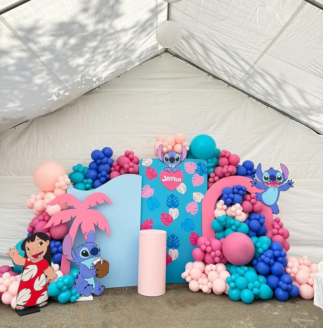 Full Set Customizable Board Backdrop with Balloon Blue, Turquoise, Dark and Light Pink with Stitch Characters Standee and Cake Stand - Stitch-Themed Perfect for special occasions
