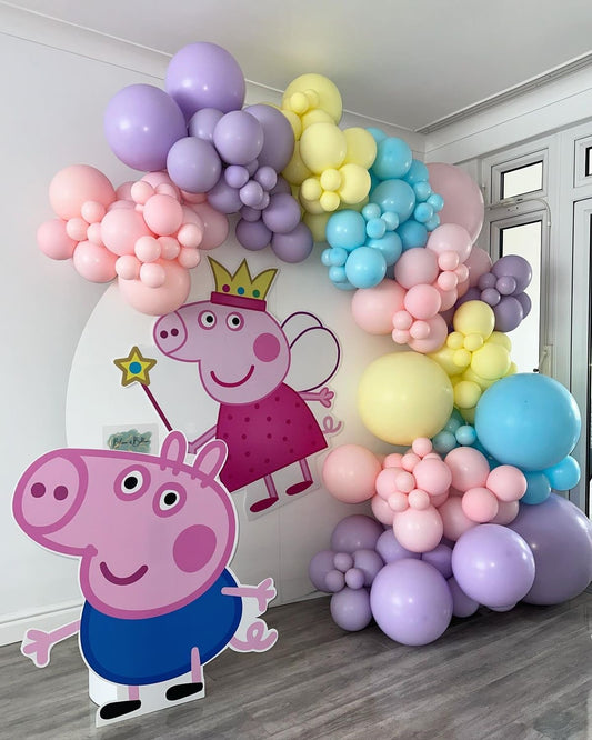 Full Set Customizable Board Backdrop with Balloon Pink, Green, Purple, Yellow and Blue with Peppa Pig Characters Standee - Peppa Pig-Themed Perfect for special occasions