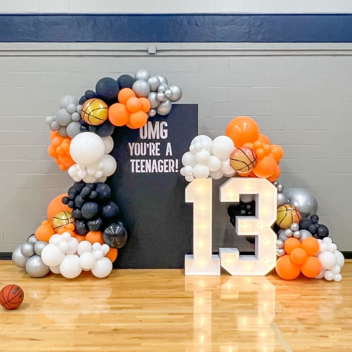 Full Set Customizable Board Backdrop with Balloon Ball, White, Silver, Orange and Black with LED Marquee Number ‘13’ - Basketball Sport-Themed Perfect for special occasions