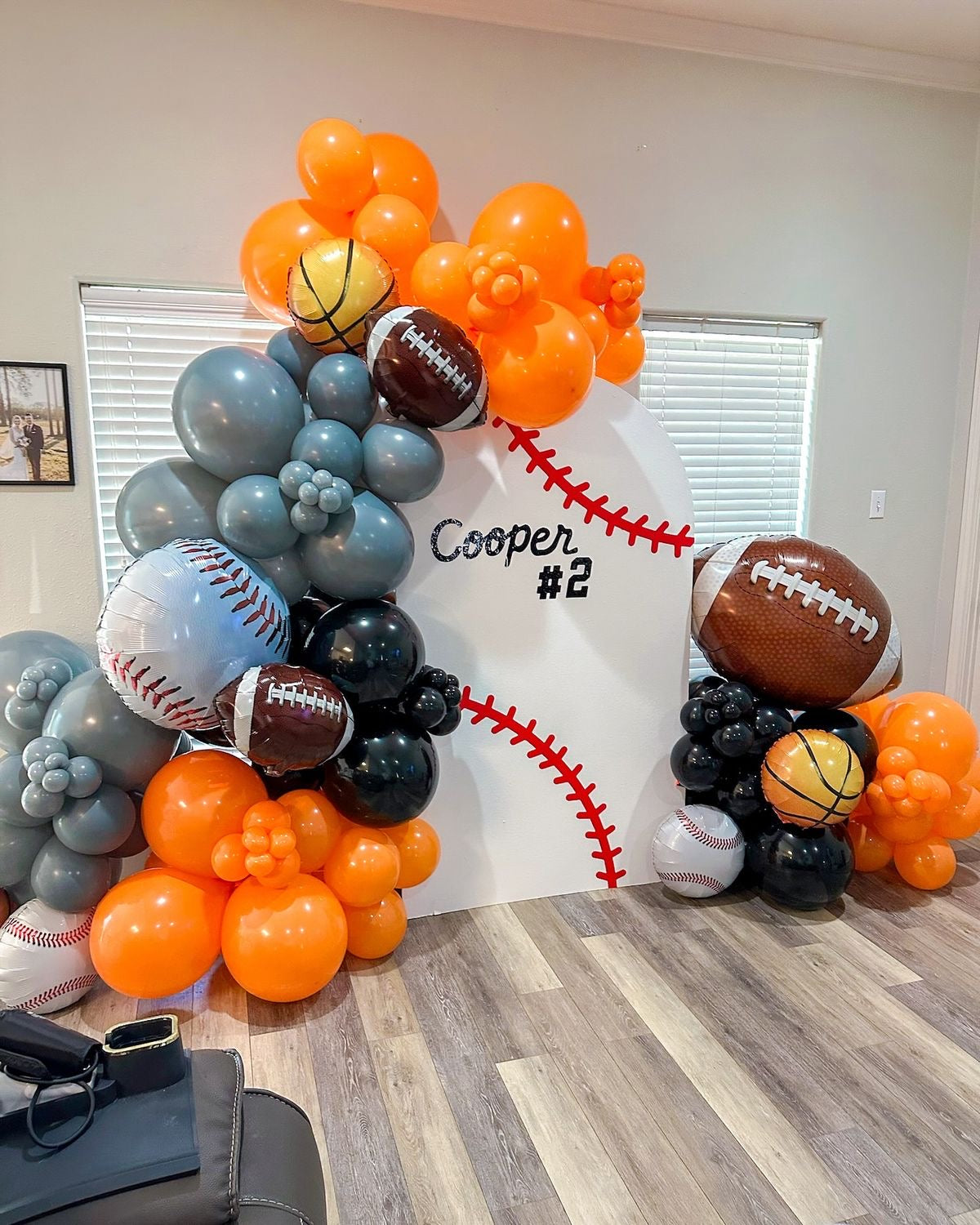 Customizable Board Backdrop with Balloon Blue and Orange with Sports Ball Balloon Accents - Sports-Themed Perfect for special occasions