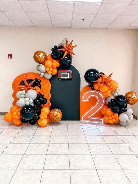 Customizable Board Ball Backdrop with Ring and Balloon Orange, Gray and Black with Ball and Stars accents, LED Marquee Number ‘2’ - Basketball Sports-Themed Perfect for special occasions