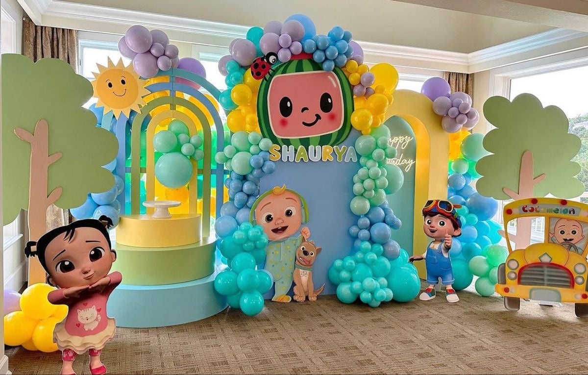 Full Set Customizable Board Backdrop with Balloon Blue, Yellow, Green and Purple with Cocomelon Characters Standee - Cocomelon-Themed Perfect for special occasions