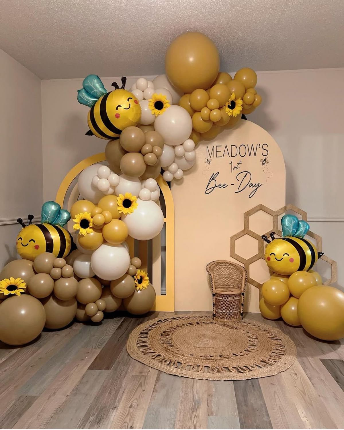 Customizable Board Backdrop and Balloon Brown, Sand White and Yellow with Bee Foil Balloon Accents and Artificial Sunflowers Setup - Bee-Themed Perfect for Birthday, Baby Shower and special occasions