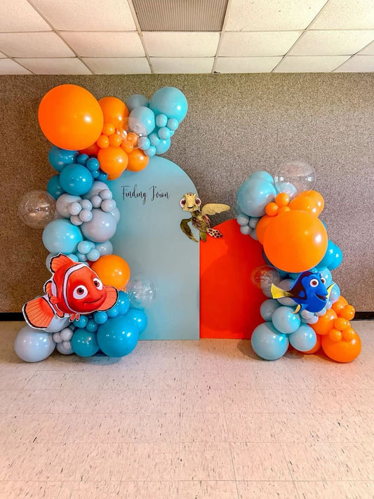 Customizable Board Backdrop with Balloons Blue and Orange with Nemo Characters - Nemo-Themed Perfect for special occasions