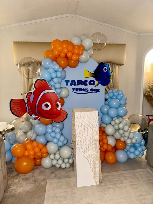 Customizable Board Backdrop with Balloons Blue, Gray, Clear and Orange with Nemo Characters - Nemo-Themed Perfect for special occasions