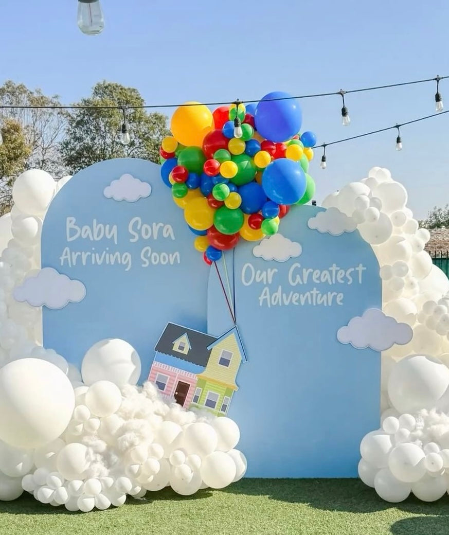 Customizable Board Backdrop and Balloon Blue, Green, Red, Yellow and White Setup - Up-Themed Perfect for Birthday, Baby Shower and special occasions