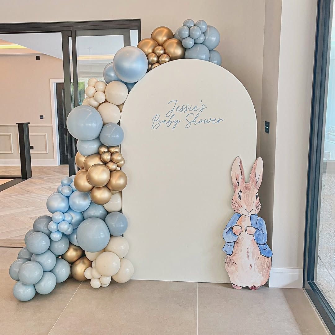 Customizable Board Backdrop with Balloon Blue, Dust White and Light Gold with Peter Standee - The Tale of Peter Rabbit-Themed Perfect for special occasions