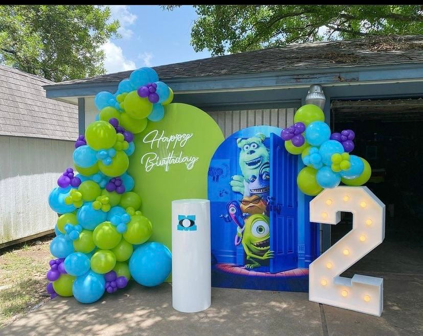 Customizable Board Backdrop with Balloon Turquoise, Green and Purple with LED Acrylic ‘Happy Birthday’ Lights, Cake Stand and LED Marquee ‘2’ Number - Monster, Inc.-Themed Perfect for special occasions