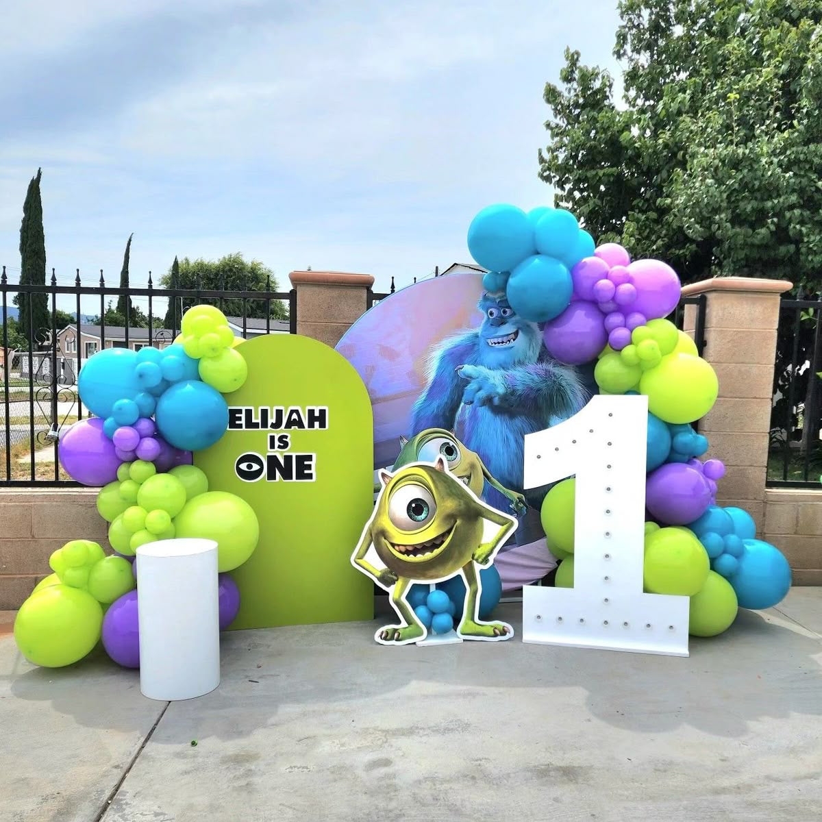 Customizable Board Backdrop with Balloon Turquoise, Green and Purple with Mike Stand and LED Marquee ‘1’ Number - Monster, Inc.-Themed Perfect for special occasions