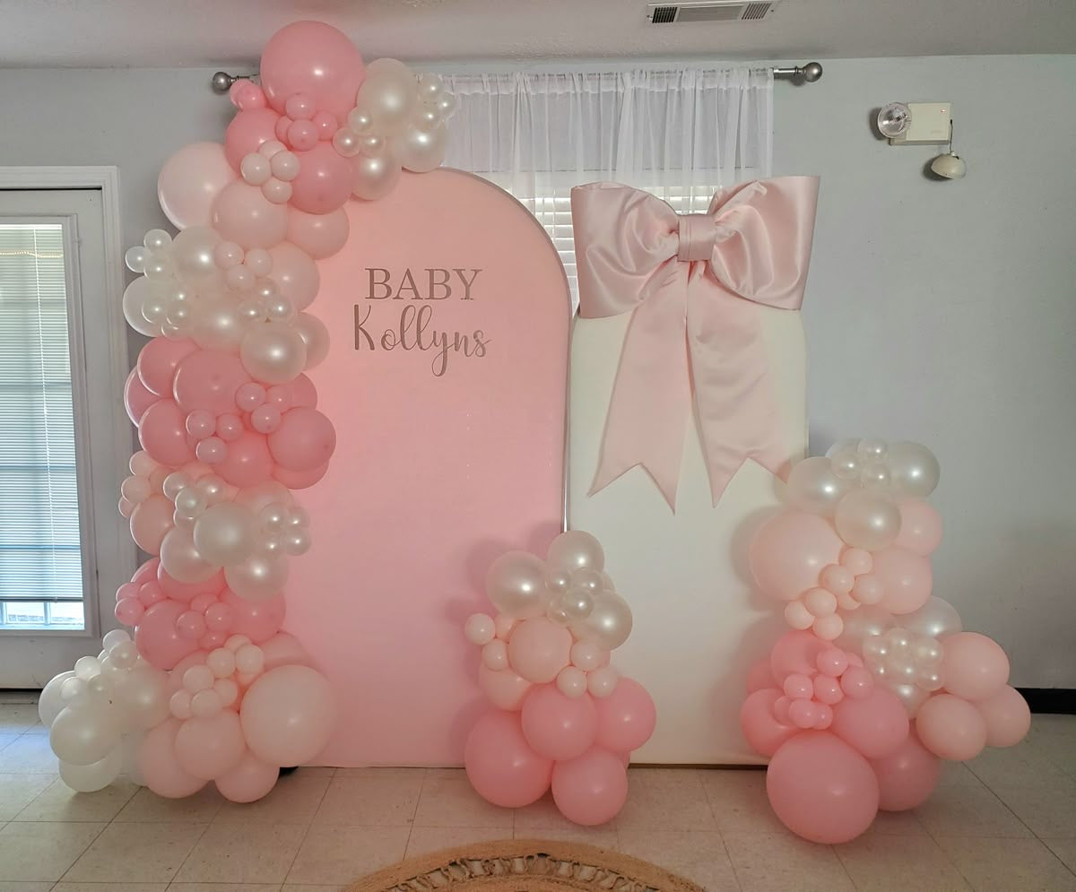 Customizable Board Backdrop with Balloon Pink and Pearl White with Customized Ribbons - Perfect for special occasion