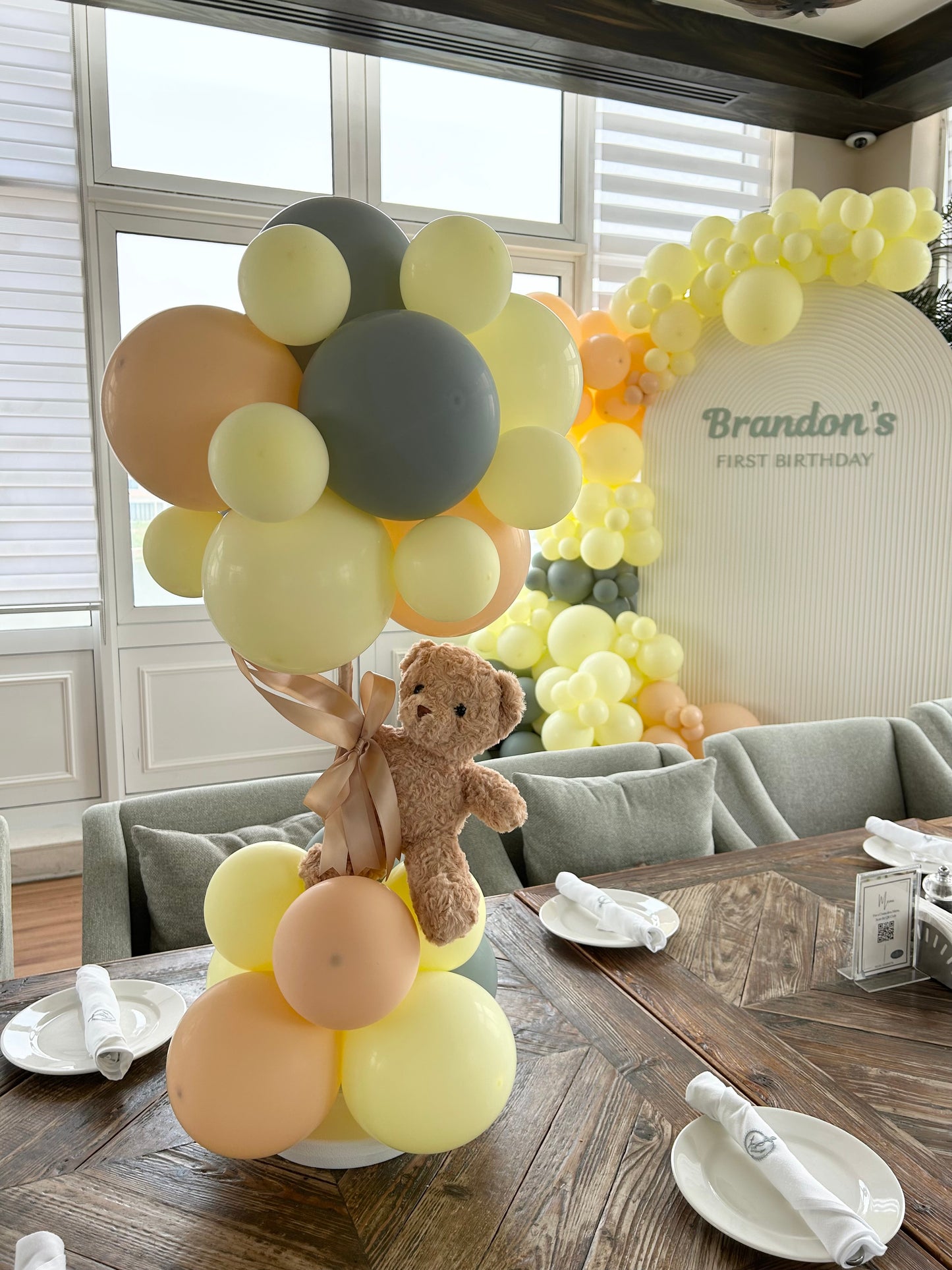 First Birthday Customizable Chiara Wall with Acrylic Text and Balloon Army Green, Yellow and Beige with 2pcs Teddy Bear Table Centerpiece - Perfect for special occasions