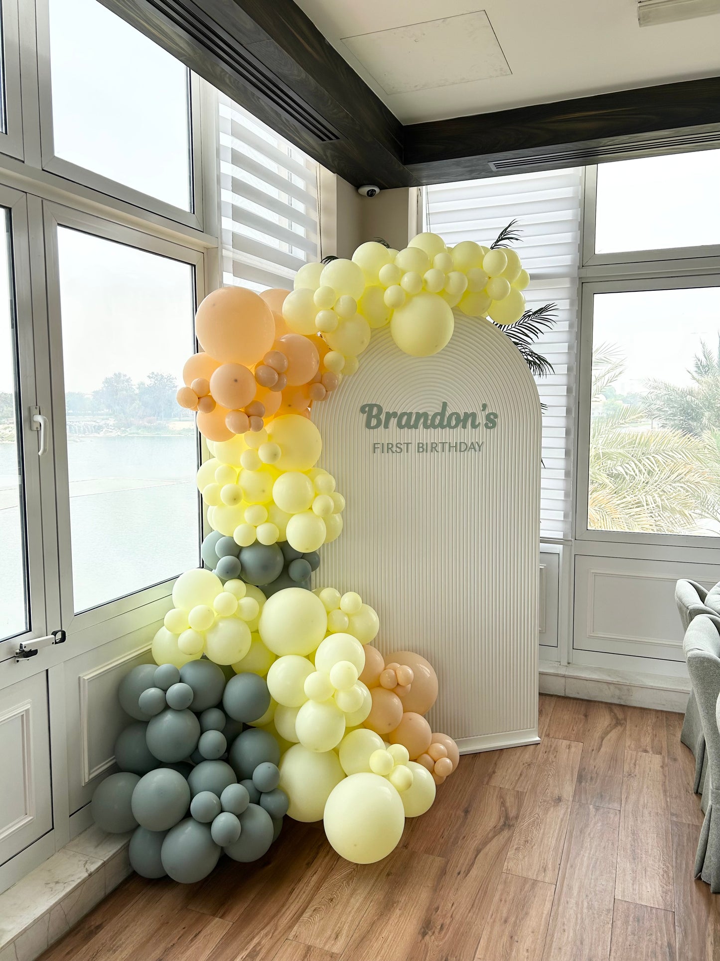 First Birthday Customizable Chiara Wall with Acrylic Text and Balloon Army Green, Yellow and Beige with 2pcs Teddy Bear Table Centerpiece - Perfect for special occasions