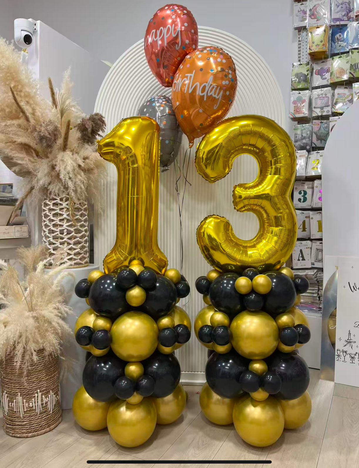 Number Balloon on Stand Gold '13' with Balloons Gold Black and Helium ‘Happy Birthday To You’ Foil - Customizable Design