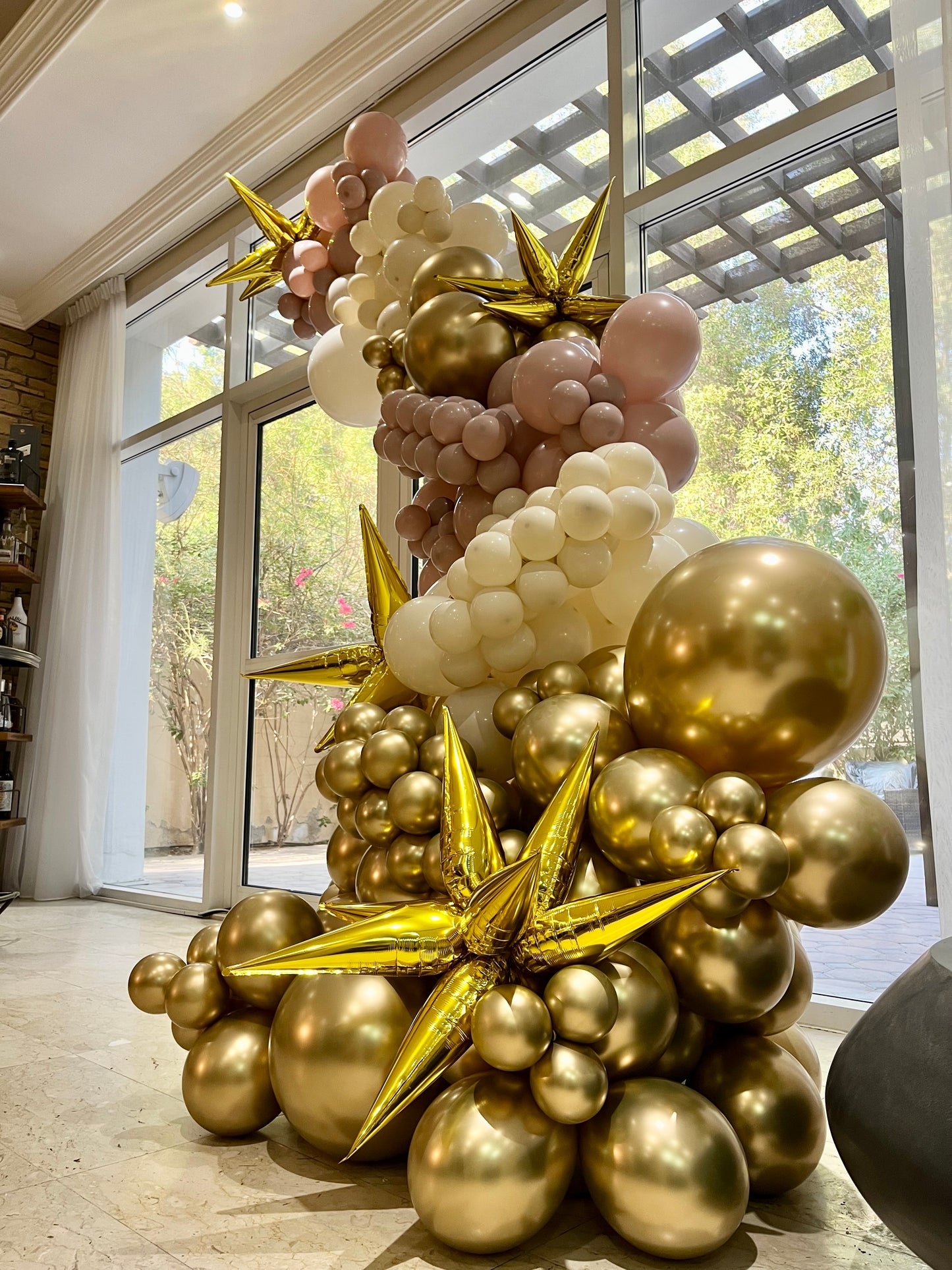 Organic Balloon Garland Arrangement Dusty Pink Light Gold Beige with Gold Starburst accents - Customizable Design, Perfect for any occasions!