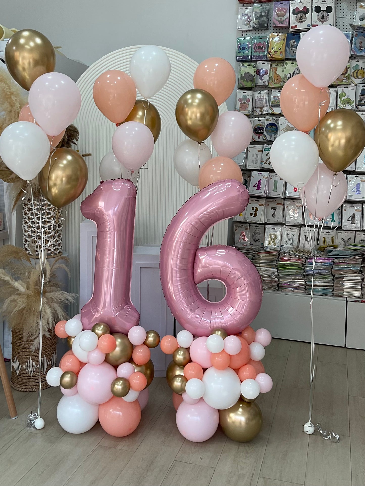 Number Balloon on Stand Pink ‘16’ Balloons Latex Bunch Peach Pink White Light Gold - Customizable Design